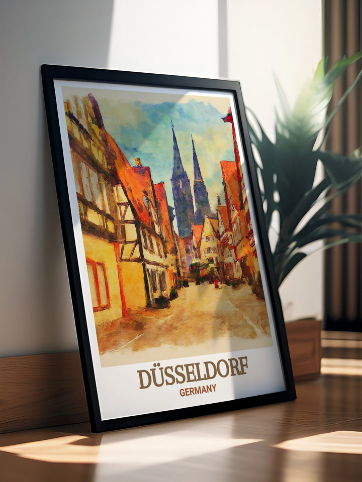 Bring the energy of Düsseldorfs Altstadt into your home with this vibrant wall art, featuring a detailed map and iconic landmarks of the city.