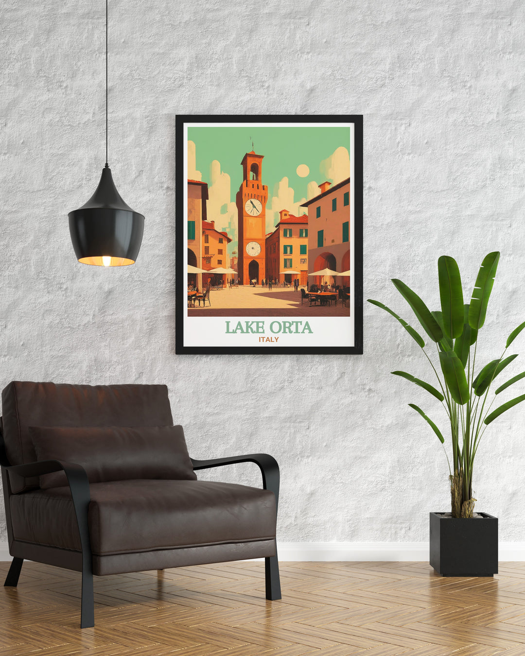 This travel poster of Lake Orta and Piazza Motta perfectly captures the tranquil beauty of the lake set against the lively piazza. The detailed artwork is ideal for any Italian art enthusiast or anyone looking to enhance their home decor with a touch of Italy.