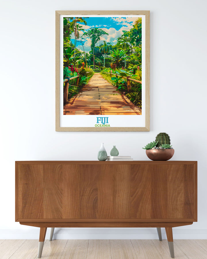 Garden of the Sleeping Giant travel poster showcasing Fijis exotic gardens and lush greenery perfect for adding a touch of tropical elegance to any space. This Fiji print brings the beauty of the Garden of the Sleeping Giant to your walls.