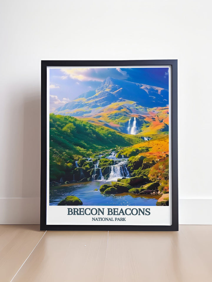 Vintage travel print of Brecon Beacons National Park capturing the serene and breathtaking scenery of Wales. This artwork showcases Pen Y Fan and Corn Du making it a perfect addition to any nature lovers collection