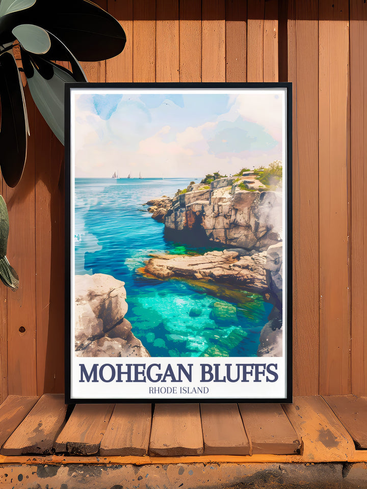 This stunning travel poster features the iconic Mohegan Bluffs and beach on Block Island, Rhode Island. With its vintage inspired design and soft watercolor palette, this Mohegan Bluffs poster is the perfect addition to any home, office, or guest space, offering a glimpse of Rhode Islands coastal beauty.