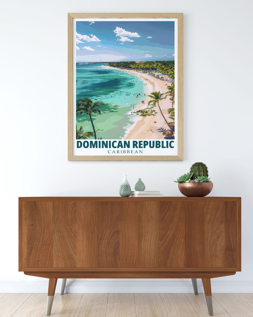 Travel poster print of Punta Cana showcasing the pristine beaches and palm fringed coastlines perfect for those who appreciate the beauty of the Dominican Republic