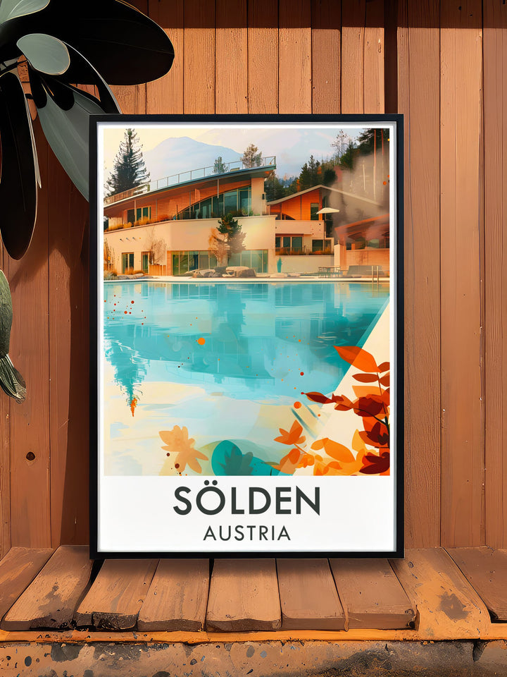 Featuring the stunning views of Solden Ski Resort and the tranquility of Aqua Dome, this travel poster is perfect for those who love exploring alpine destinations and experiencing the thrill of winter sports and relaxation.