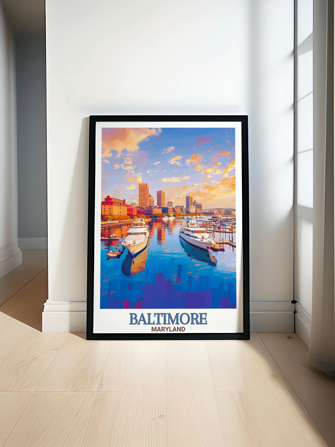 Inner Harbor travel poster capturing the vibrant essence of Baltimore with detailed black and white city print perfect for home decor and art enthusiasts who appreciate the cultural heritage and urban elegance of this iconic waterfront
