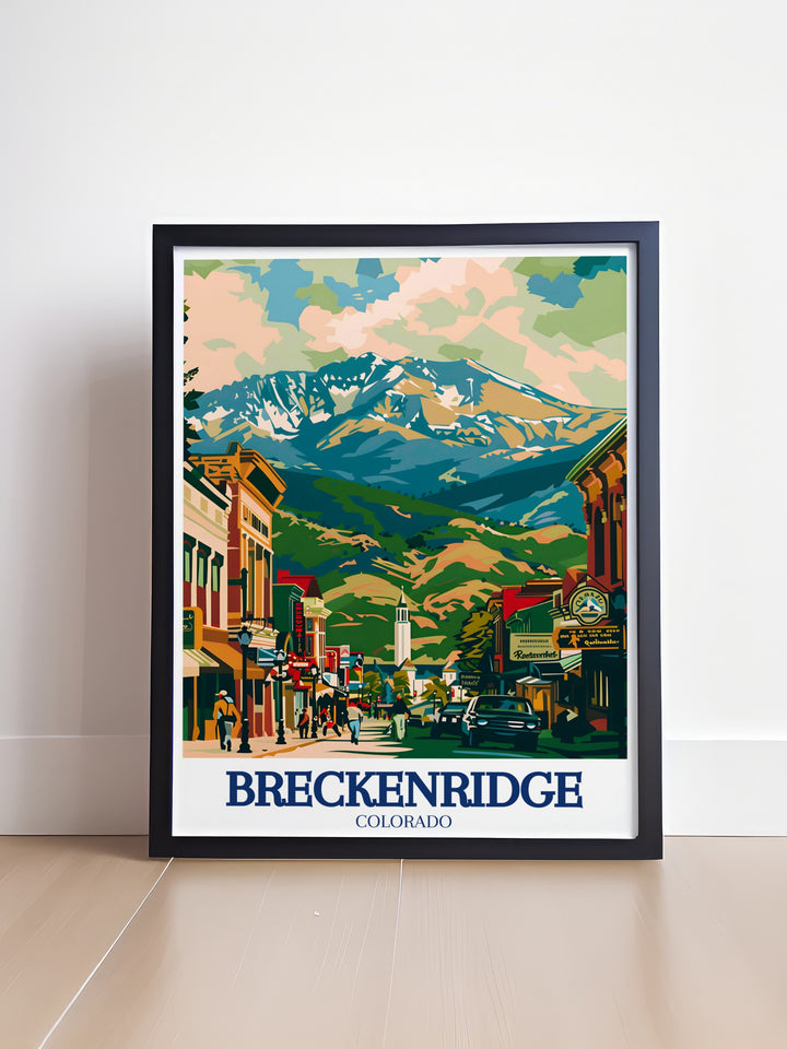 Breckenridge wall art highlights the historic charm of this famous Colorado town, with its iconic Main Street and world class skiing. This travel poster makes a thoughtful gift for winter sports fans and travelers alike, capturing the spirit of adventure in Breckenridge.