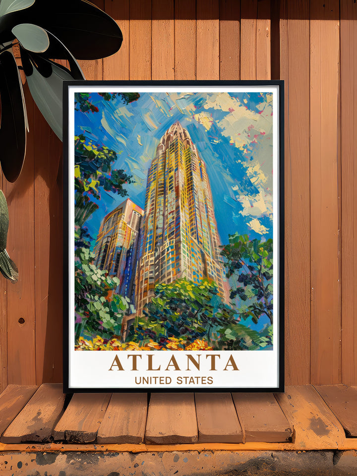 Modern Atlanta poster featuring Peachtree Towers is a must have for city lovers. This Atlanta art print makes the perfect gift for birthdays anniversaries or Christmas. Add this stunning travel print to your home for a touch of urban charm.