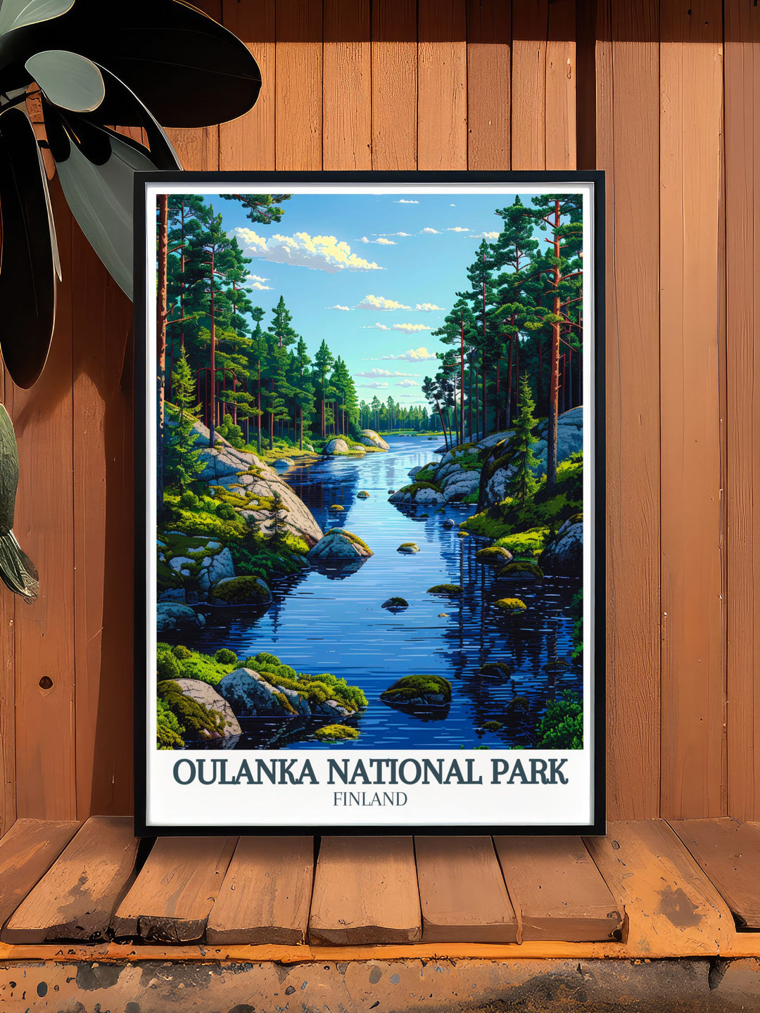 Stunning travel poster art of the Oulanka river Kiutakongas Rapids. Perfect for home decor and a great gift for outdoor enthusiasts. This Scandinavian art print captures the essence of Finlands beautiful landscapes.