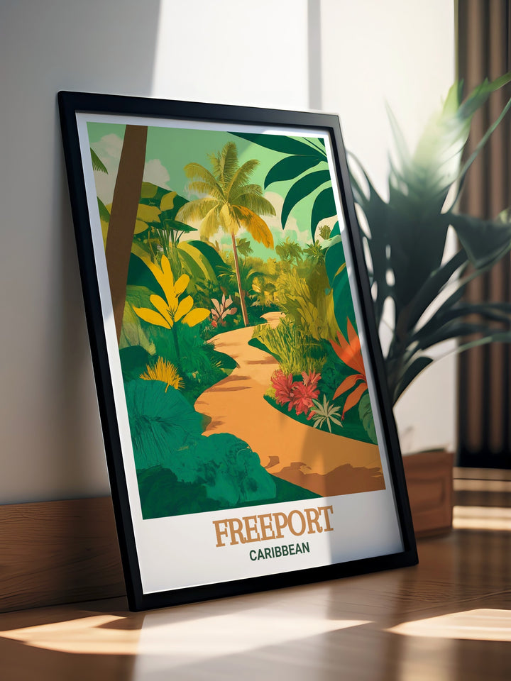 Featuring the picturesque Garden of the Groves and the sparkling waters of Freeport, this travel poster celebrates the natural beauty and cultural richness of the Caribbean, offering a perfect addition to any room that seeks to evoke the spirit of paradise.