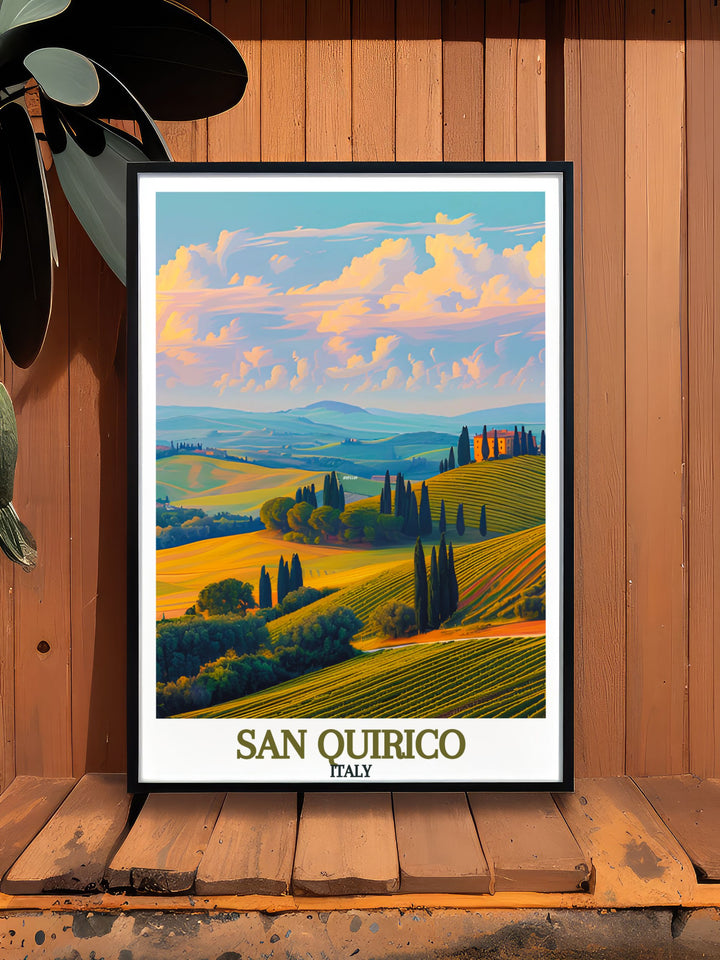 San Quirico Archway Poster Print brings the beauty of Italy into your home. Combined with Val dOrcia Hills modern decor it creates a stunning display that is perfect for living rooms. This colorful art makes a meaningful gift for friends who love travel and art.