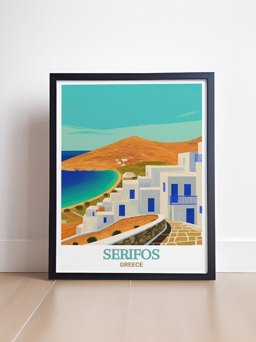 This Greece Island Print showcases the idyllic village of Livadi, Serifos, with its clear blue waters and traditional architecture. An excellent addition to any room, celebrating the elegance of the Cyclades.