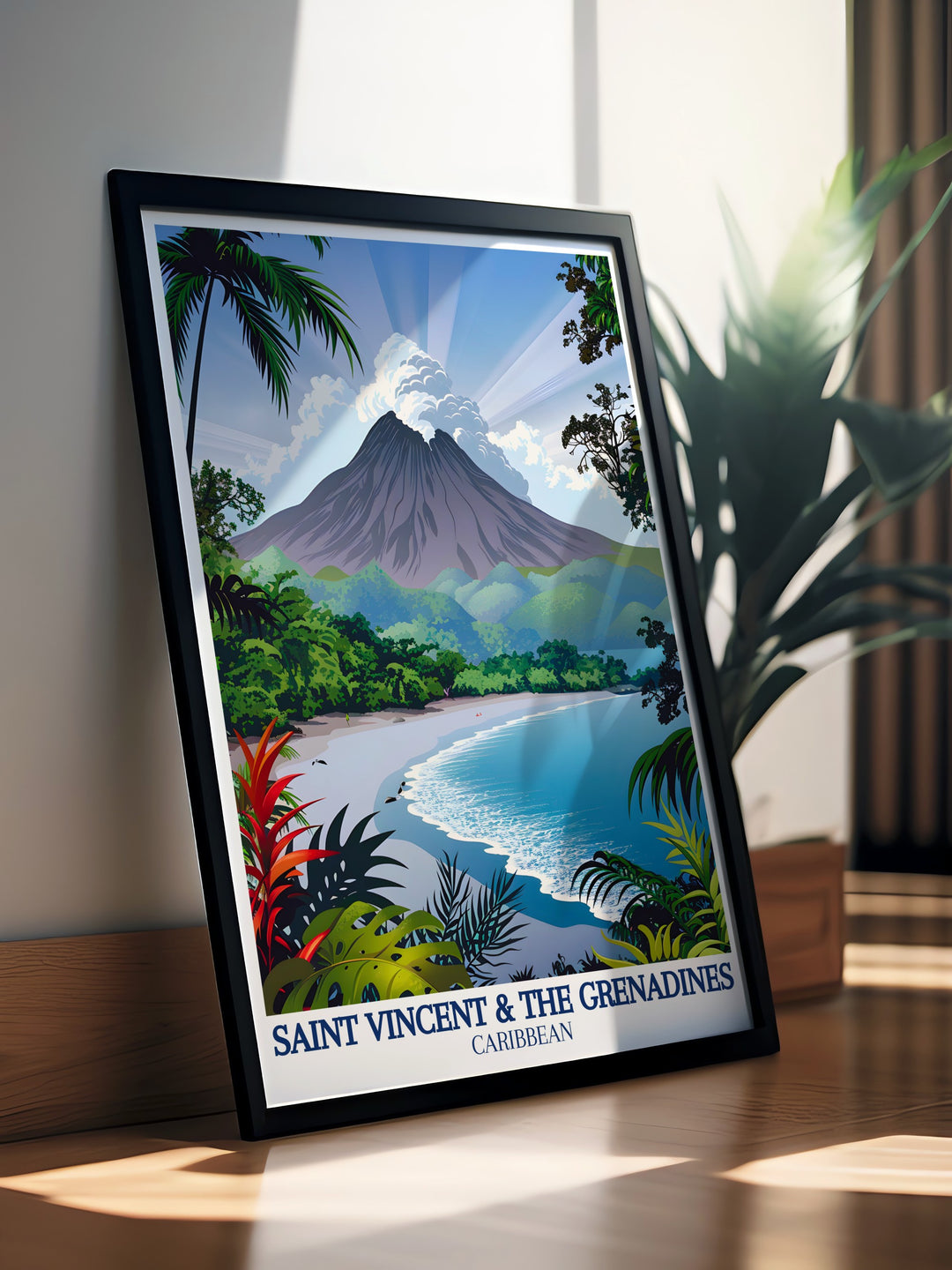 This art print of La Soufrière Volcano in Saint Vincent & The Grenadines highlights the contrast between the dramatic volcanic peak and the peaceful Caribbean surroundings. A perfect addition for lovers of adventure and nature, capturing the spirit of the Caribbean.