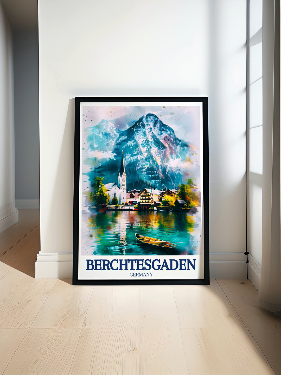 Our Berchtesgaden vintage poster brings the majestic beauty of Bavarias mountains and lakes into your home. Featuring Kings Lake and Ramsau Village, this travel poster is a stunning way to commemorate your journey or dream of future adventures.