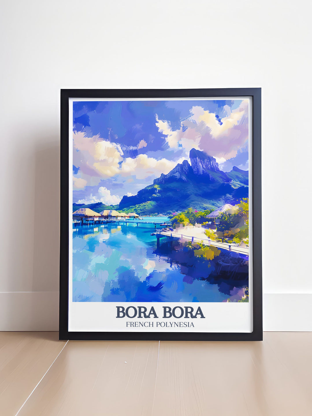Stunning wall art of Mount Otemanu Matira Beach bringing the serene landscapes of Bora Bora island into your home this travel print is perfect for those who appreciate the beauty of French Polynesia making it a cherished addition to any art collection and home decor.