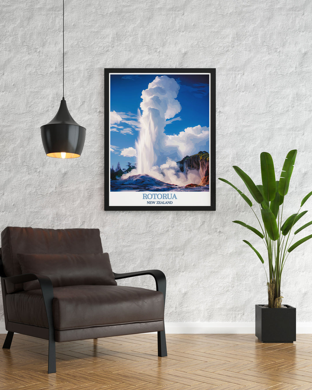 Te Puia poster featuring a detailed and vibrant depiction of the geothermal wonders and Maori heritage in Rotorua New Zealand. A must have for anyone who loves travel and natural landscapes. This poster brings the beauty of Te Puia into your home or office.