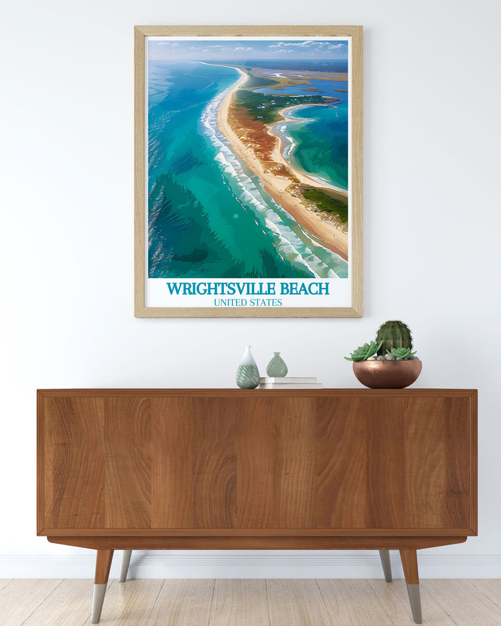 Enhance your home decor with the Wrightsville Beach Travel Print featuring Masonboro Island. The city art print offers a soothing color palette and vintage aesthetic making it perfect for creating a peaceful coastal retreat in your living room or bedroom.