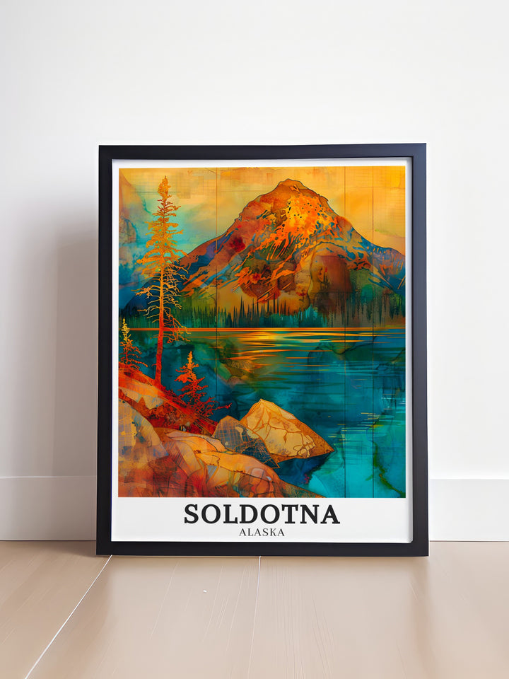 Beautiful Alaska travel art depicting the iconic Kenai River and the rugged Ptarmigan Peak. The print captures the spirit of Alaskas wilderness, making it a timeless addition to any decor