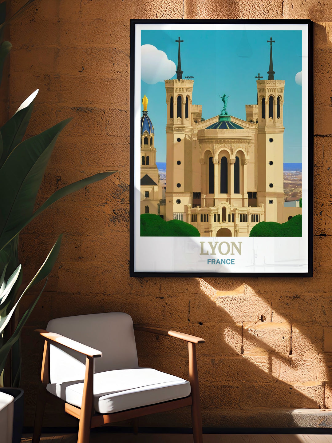 Basilica of Notre Dame de Fourvière Wall Print capturing the intricate details of Lyons most famous landmark, set against the citys vibrant streets. A perfect addition to any collection of travel or cityscape art.