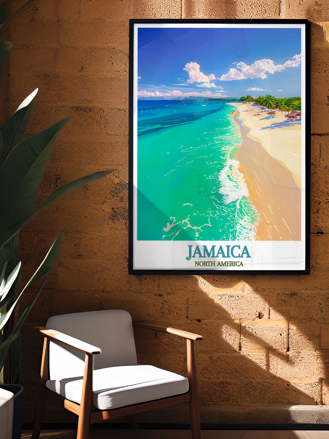 This poster showcases the expansive shoreline and lush surroundings of Seven Mile Beach, offering a glimpse into one of Jamaicas most beautiful coastal destinations.
