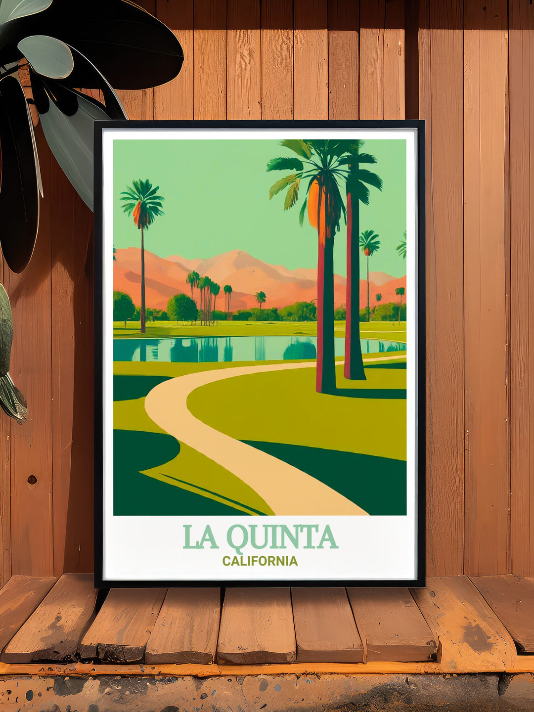 Civic Center Park wall art from La Quinta, California. This travel print showcases the parks serene atmosphere, with its beautiful landscaping and calming views. A perfect gift for nature lovers or anyone seeking to add a touch of the outdoors to their home decor.