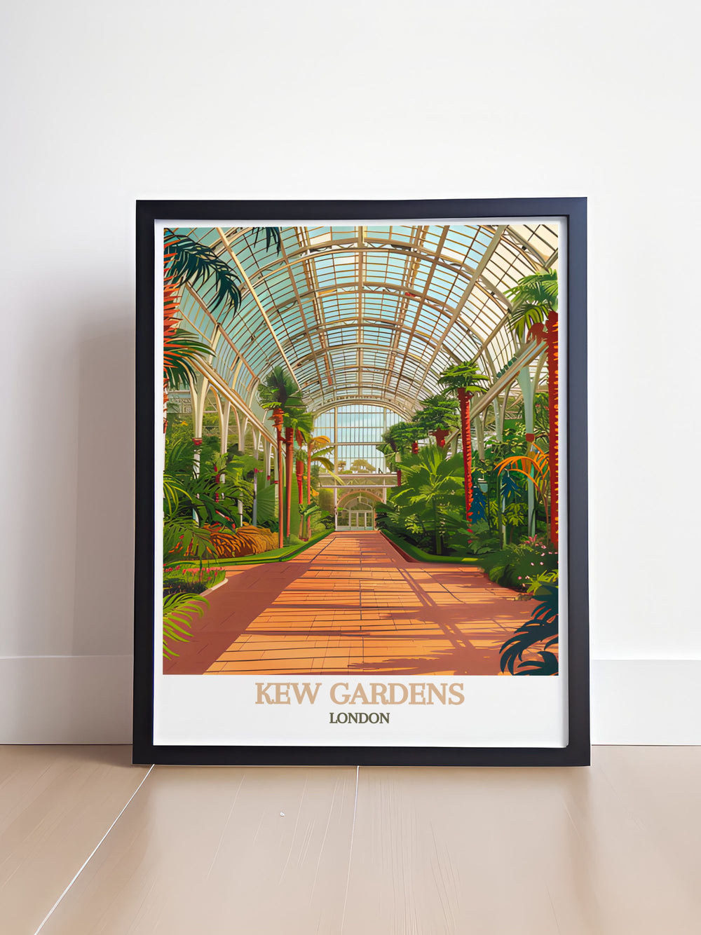 Highlighting the stunning Victorian architecture of the Temperate House, this travel poster features its intricate ironwork and expansive glass panels. Perfect for those who appreciate vibrant scenes and horticultural artistry.