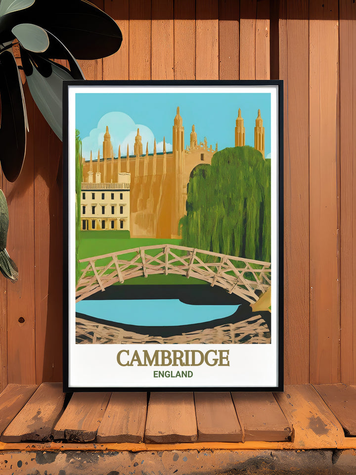 Cambridge poster featuring the Mathematical Bridge and Trinity College a beautiful representation of Cambridgeshires rich academic and architectural heritage