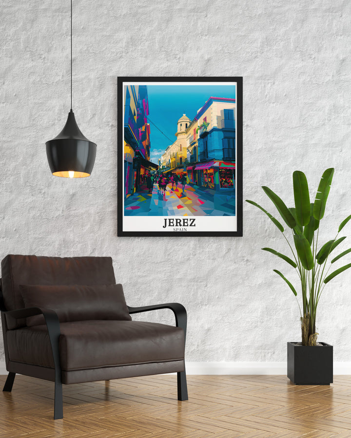 Jerez poster print capturing the historic charm of Andalusias famous Calle Larga. This travel print features the vibrant streets, stunning architecture, and lively atmosphere that defines Jerez. Perfect for those who love Spanish culture and want to bring a touch of Andalusias beauty into their home.