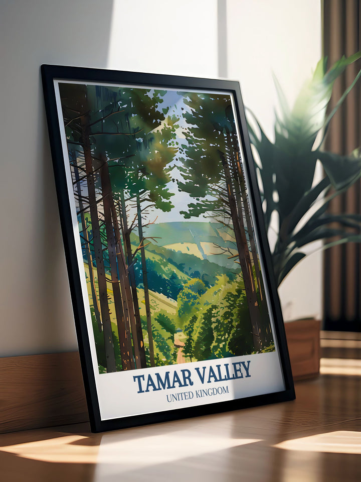 Discover the charm of the Tamar Valley AONB with the Tamar Trails and Kit Hill print. Ideal for those who love UK travel posters and appreciate the beauty of nature, this artwork is a perfect gift for hikers and adventure seekers.