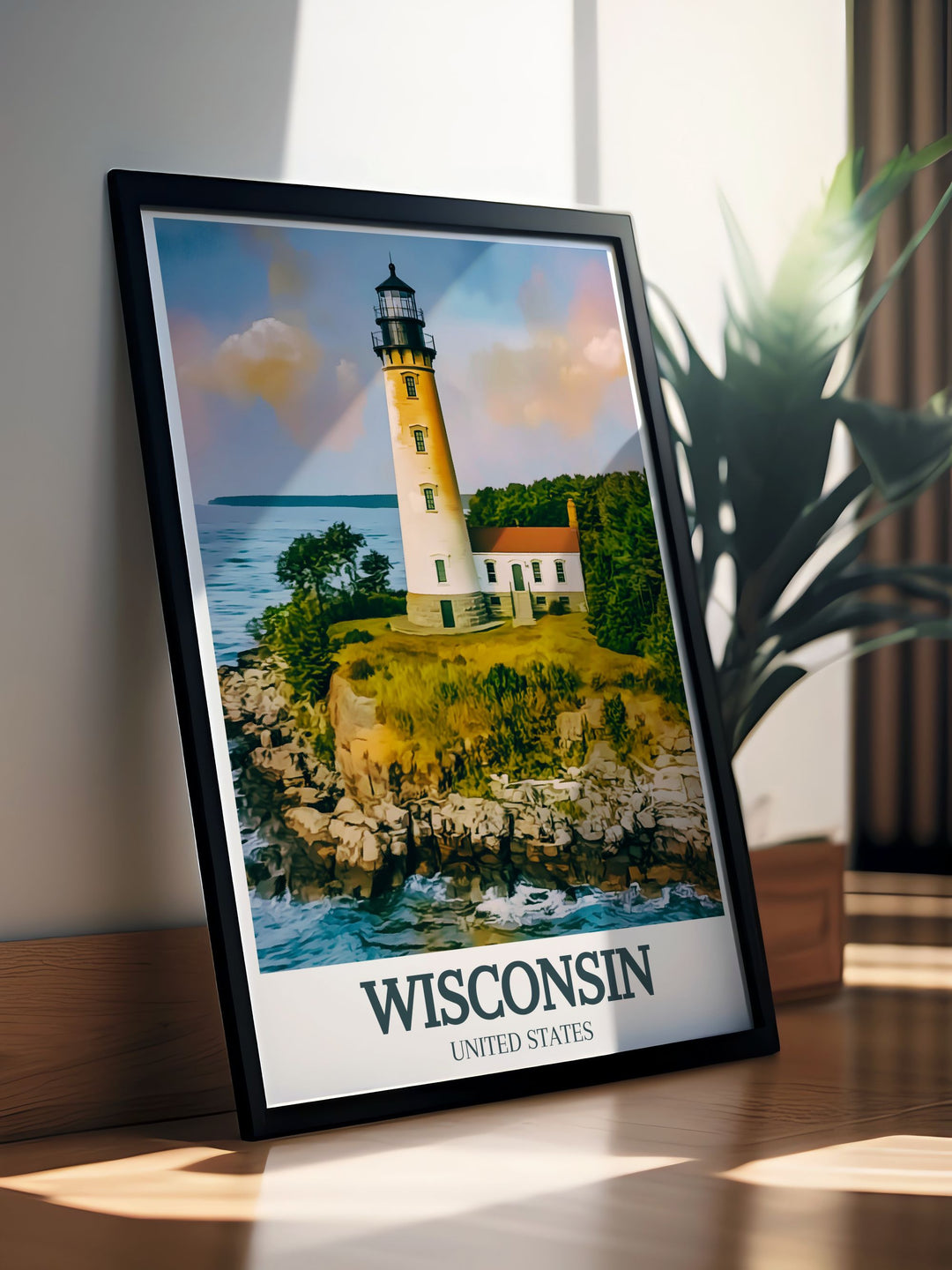 Elegant Door County Coastline and Cana Island Lighthouse Framed Prints adding a touch of sophistication to any living room