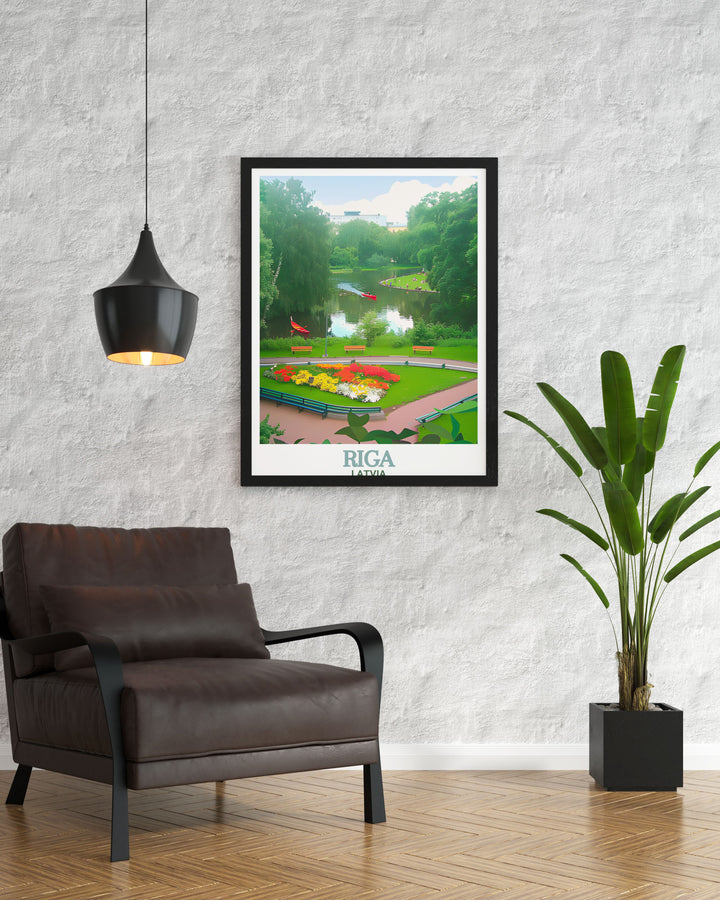 Riga poster print capturing the calm and scenic beauty of Bastejkalna Park. This travel art piece is perfect for those who love nature, architecture, and exploring new cultures. It serves as a reminder of Latvias timeless elegance.