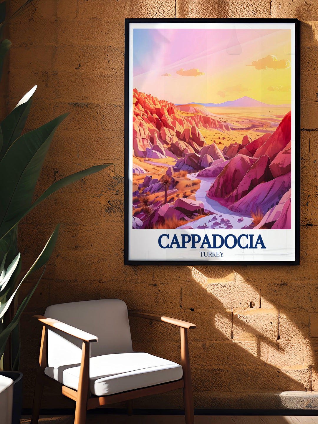 This vibrant art print showcases Cappadocias Valley of the Roses, highlighting the unique red rock formations at sunset. Ideal for home decor, this poster brings the magical landscape of Turkeys Rose & Red Valley into your living space.