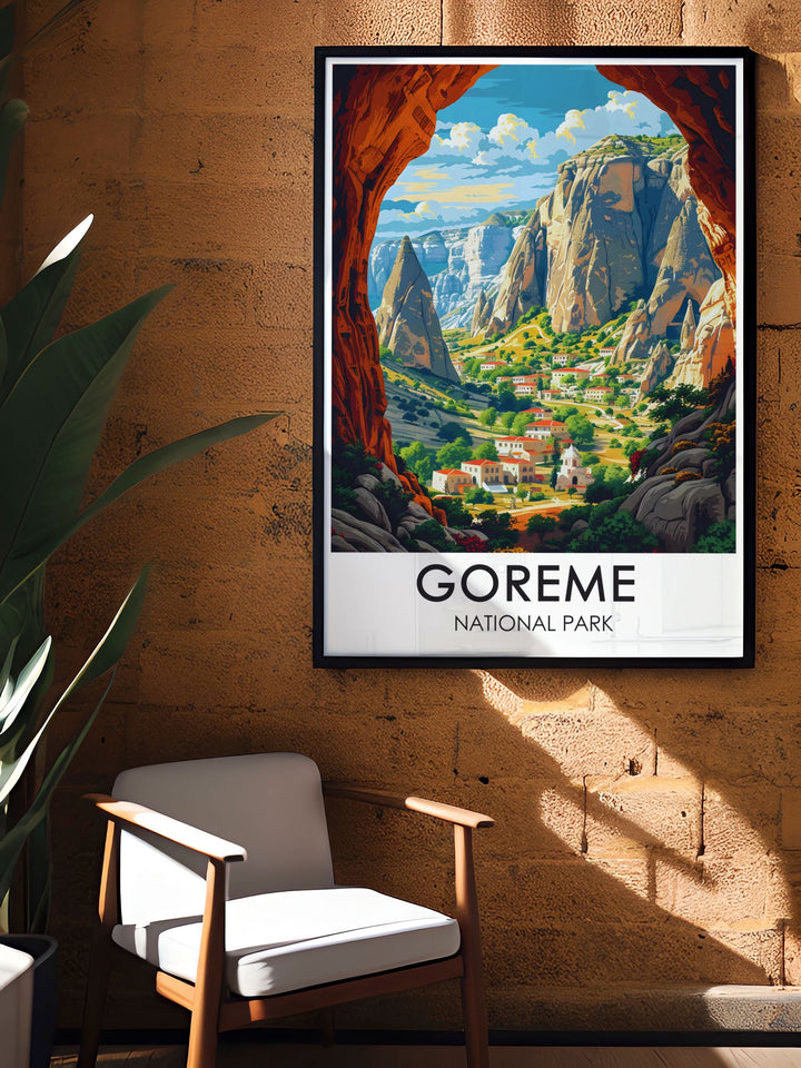 Highlighting the remarkable Fairy Chimneys and the ancient cave churches of the Open Air Museum, this travel poster of Goreme National Park captures the unique beauty and historical significance of Cappadocia, Turkey, making it an excellent addition for those who appreciate natural and cultural heritage.