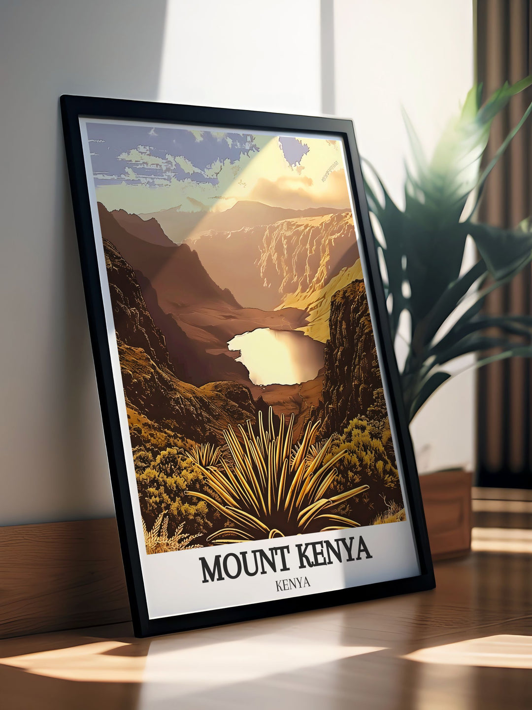 Stunning living room decor with Mount Kenya poster highlighting Chogoria Route and Lake Michaelson an excellent choice for sophisticated wall decor and a unique personalized gift for special occasions