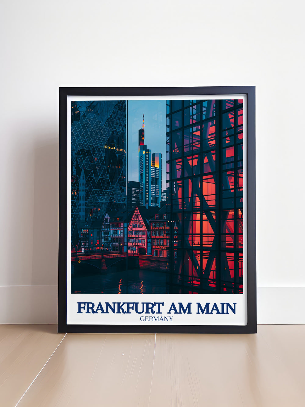 Beautiful Frankfurt poster featuring detailed illustrations of Commerzbank Tower and Romerberg square ideal for creating a focal point in your living room or office with unique Frankfurt wall art