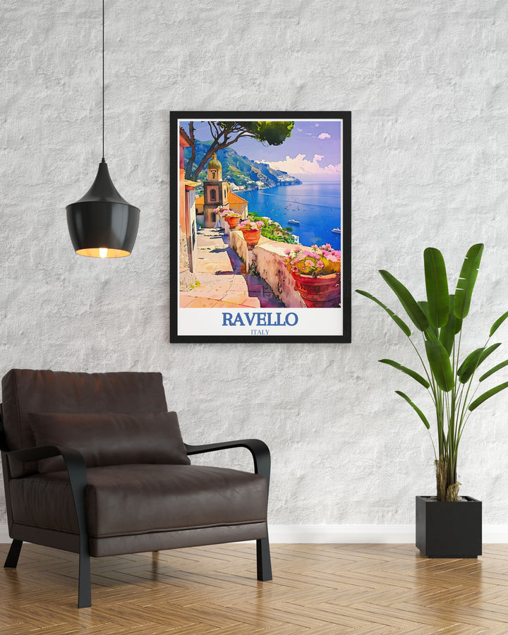 Amalfi coast modern prints featuring Villa Rufolo and its stunning surroundings. These framed prints bring the beauty of the Italian Riviera into your home perfect for creating elegant home decor and adding a sophisticated touch to your living room