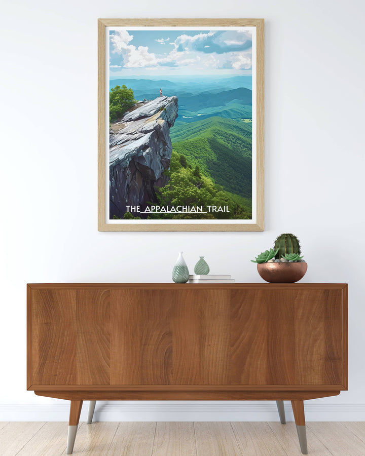 Vibrant print of Mcafee Knob, a famous landmark on the Appalachian Trail, captured in exquisite detail for art collectors.