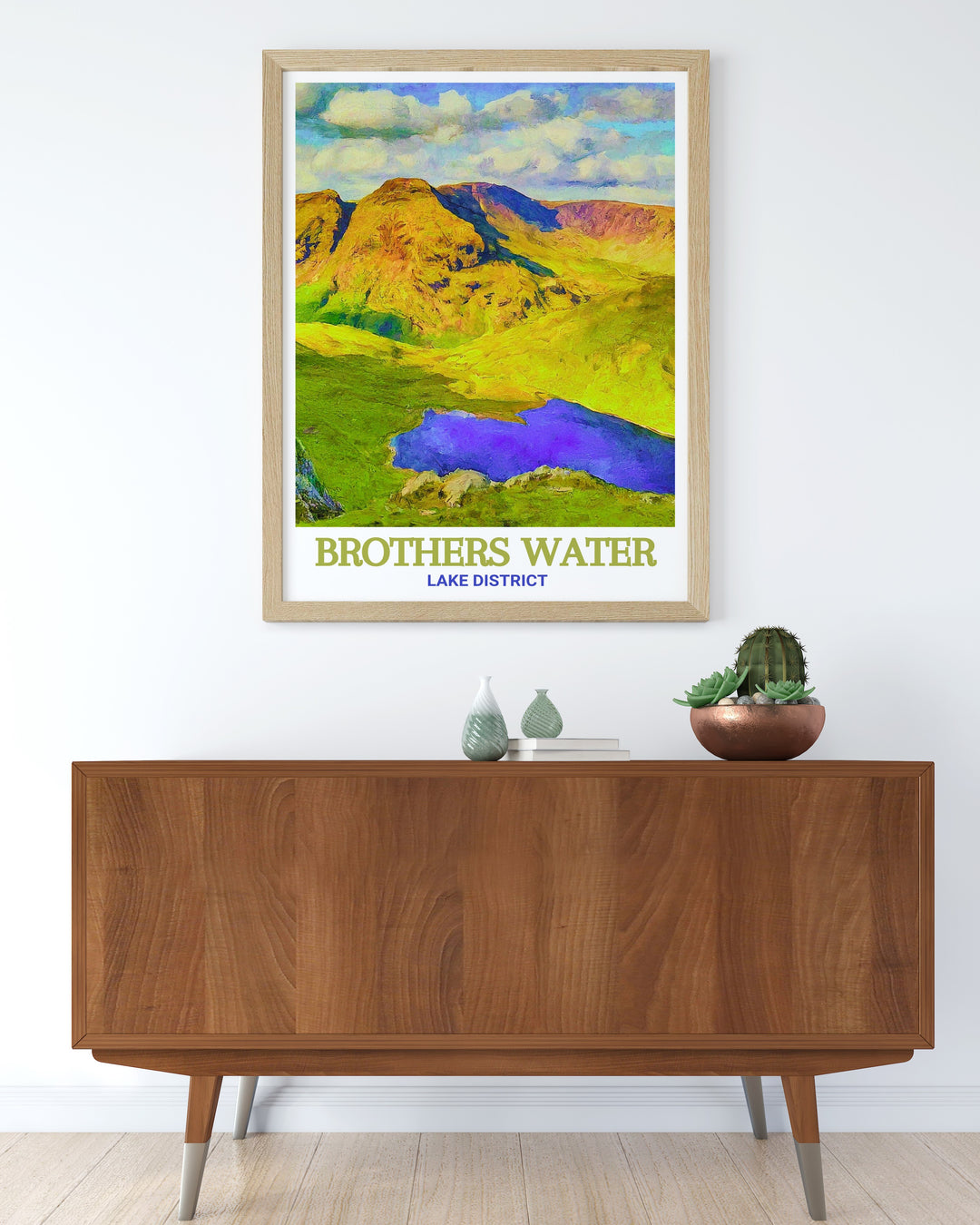 Lake District wall art features a stunning view of Brothers Water, one of the regions most serene lakes. This framed art is perfect for those looking to bring the tranquility of Englands national park landscapes into their living space.