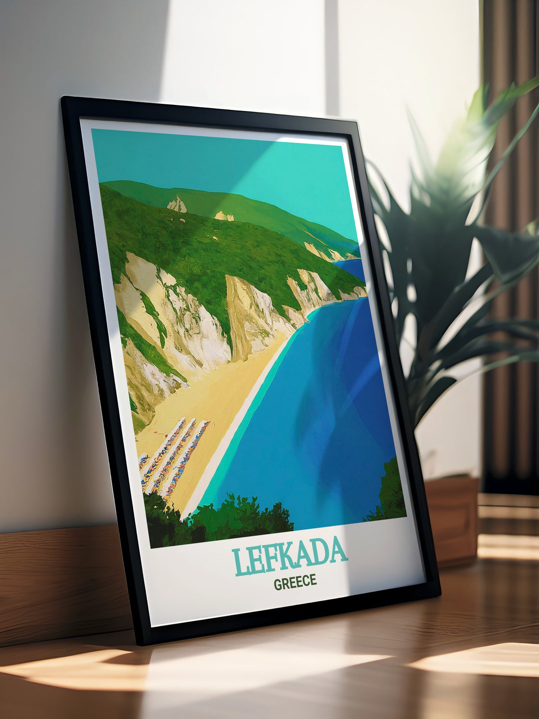 Bring the serene beauty of Egremni Beach into your living room with this Lefkada Wall Art featuring the stunning coastline of Lefkada Island perfect for Greece Wall Decor that adds a touch of elegance and tranquility to any room in your home