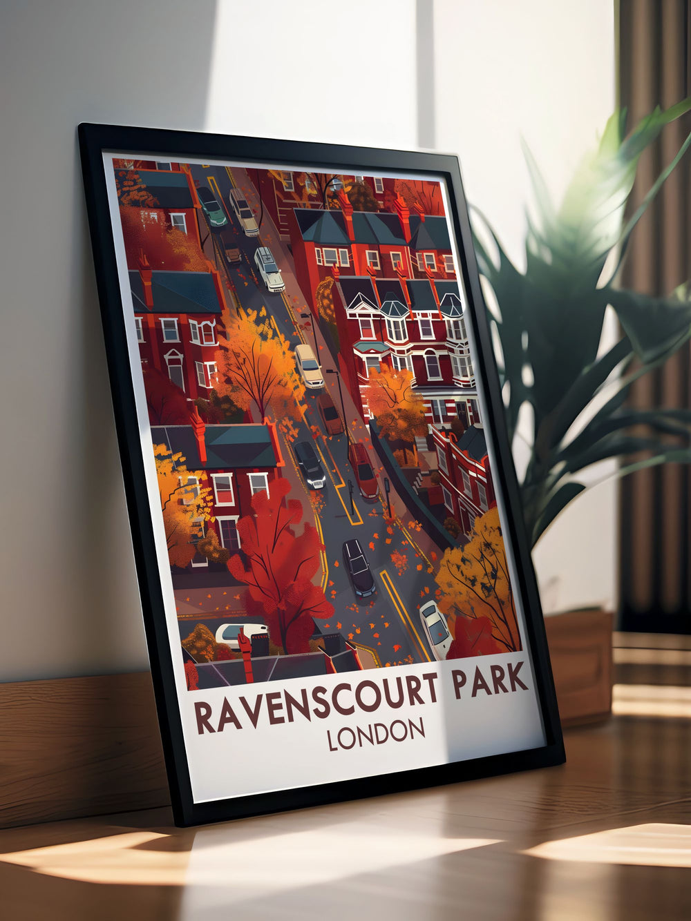 Vintage Travel Print of Ravenscourt Park Residentials featuring the tranquil park setting and iconic London Baobab Tree. Perfect for home decor, this print combines historical charm with natural beauty, creating a captivating scene for any room.