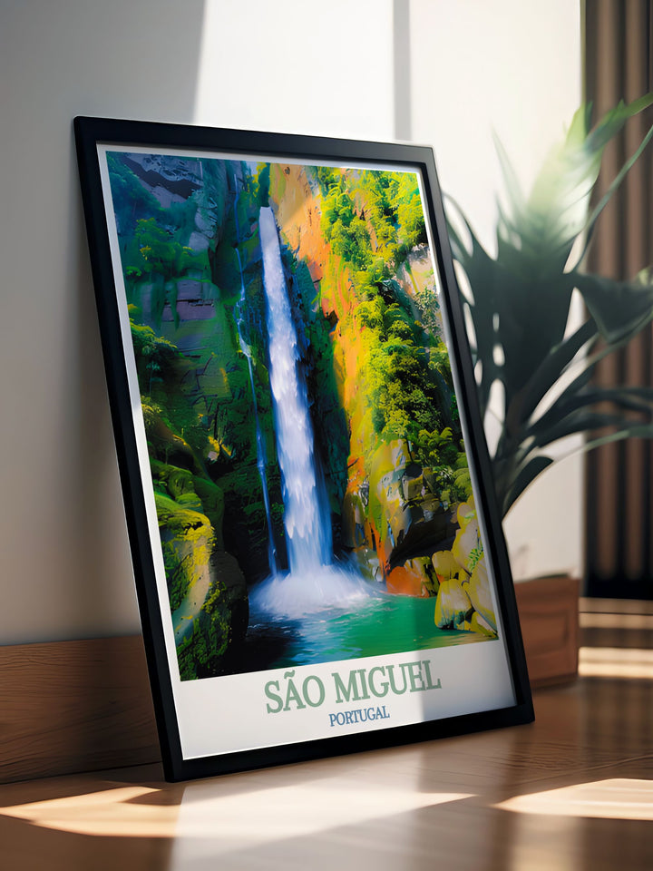 Detailed art print featuring Salto do Cabritos breathtaking scenery and serene atmosphere in São Miguel. Perfect for those who appreciate Portugals unique blend of natural beauty and tranquility.