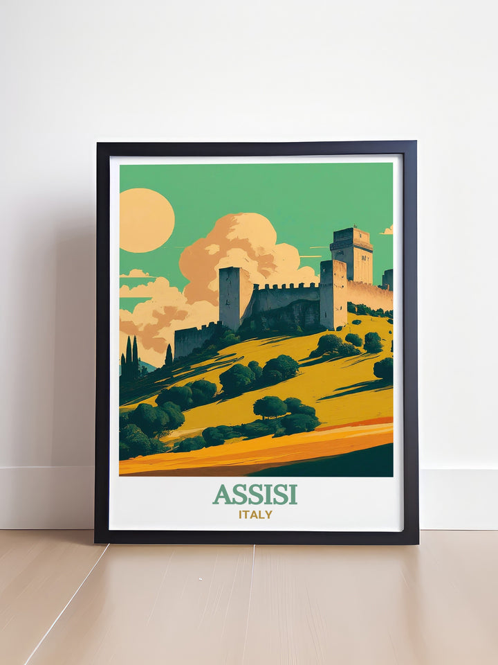 High quality Italy artwork of Assisi, showcasing Rocca Maggiore. This Italy travel print highlights the unique blend of history, architecture, and panoramic views found in Assisi, making it a timeless addition to any art collection or home decor