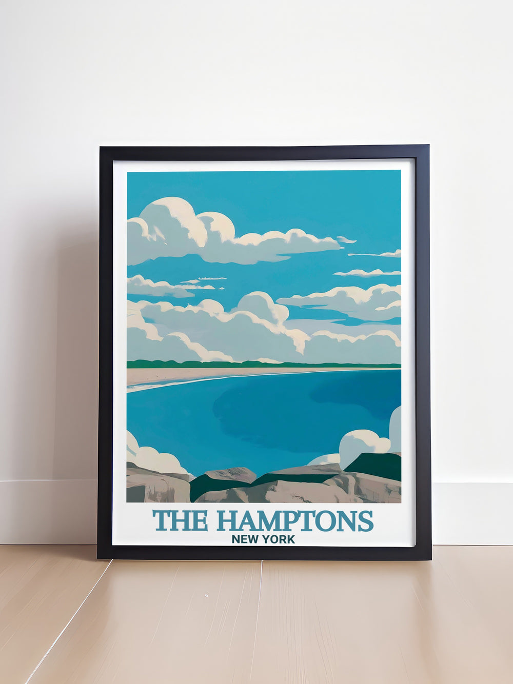 Coopers Beach in The Hamptons, New York, is a stunning backdrop for this vintage travel poster. The vibrant yet calming colors reflect the serenity of the famous beach, making it an ideal addition to any living room or office décor. This travel print showcases The Hamptons skyline and map, offering a blend of style and information.