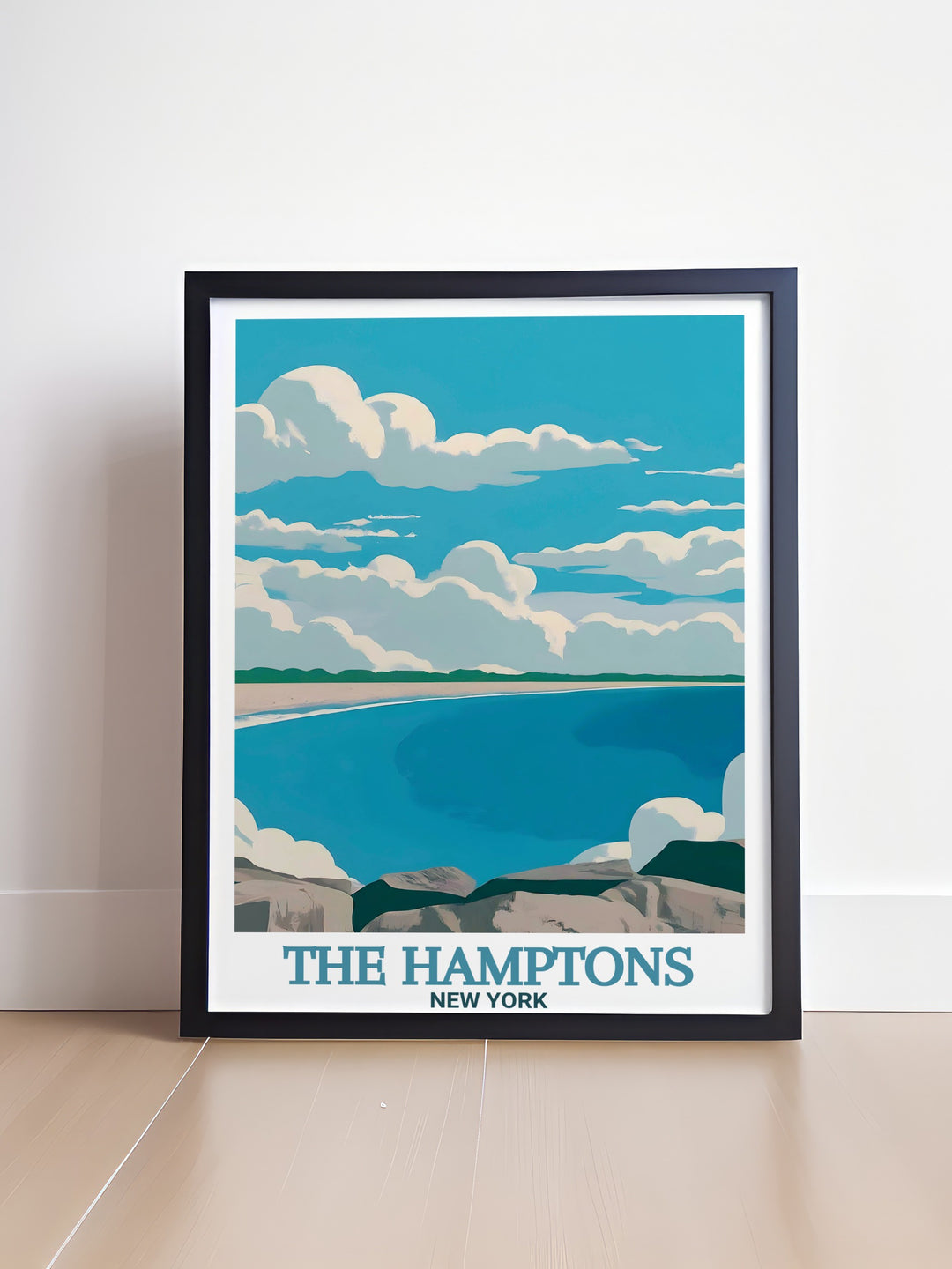 Coopers Beach in The Hamptons, New York, is a stunning backdrop for this vintage travel poster. The vibrant yet calming colors reflect the serenity of the famous beach, making it an ideal addition to any living room or office décor. This travel print showcases The Hamptons skyline and map, offering a blend of style and information.