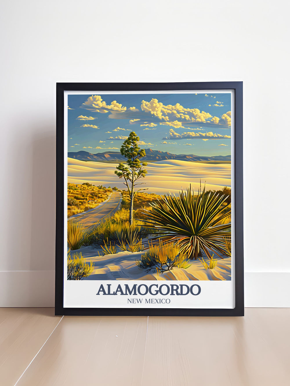 This Alamogordo travel print showcases White Sands National Park and Tularosa Basin offering a stunning view of New Mexicos unique landscape perfect for home decor or as a thoughtful gift for those who appreciate southwestern art and adventure.