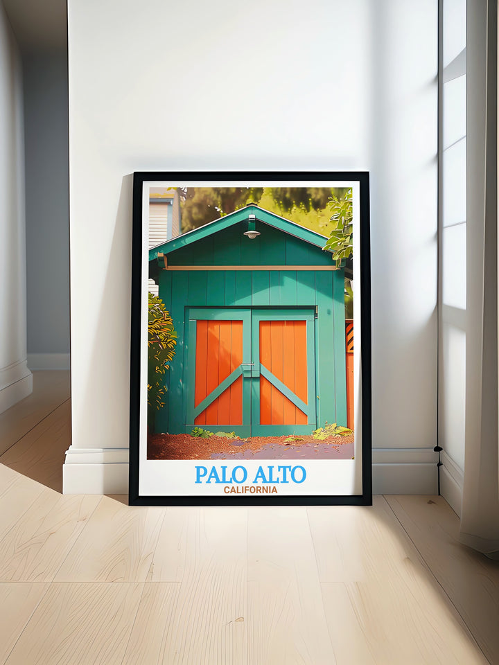 Palo Alto city map showcasing the Hewlett Packard Garage landmark in a vintage poster style. A detailed depiction of the Palo Alto skyline featuring the iconic Hewlett Packard Garage with a vibrant color palette perfect for home or office decor.
