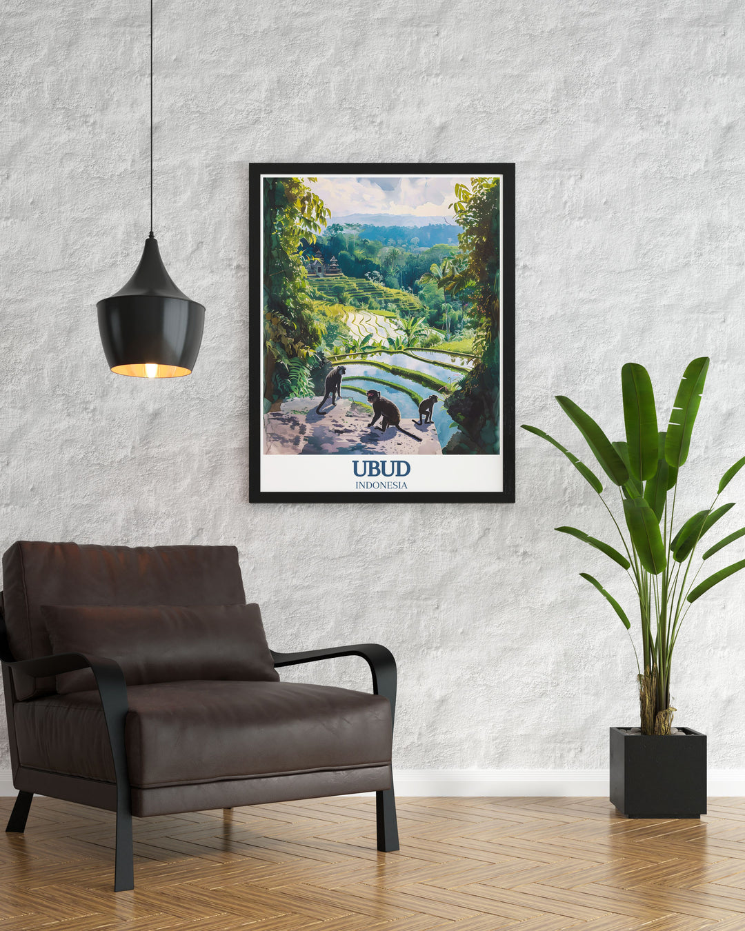 This stunning Bali wall art combines the beautiful Tegalalang Rice Terrace and Sacred Monkey Forest, creating a peaceful scene that reflects Balis harmonious blend of nature and spirituality. A perfect addition to any space.