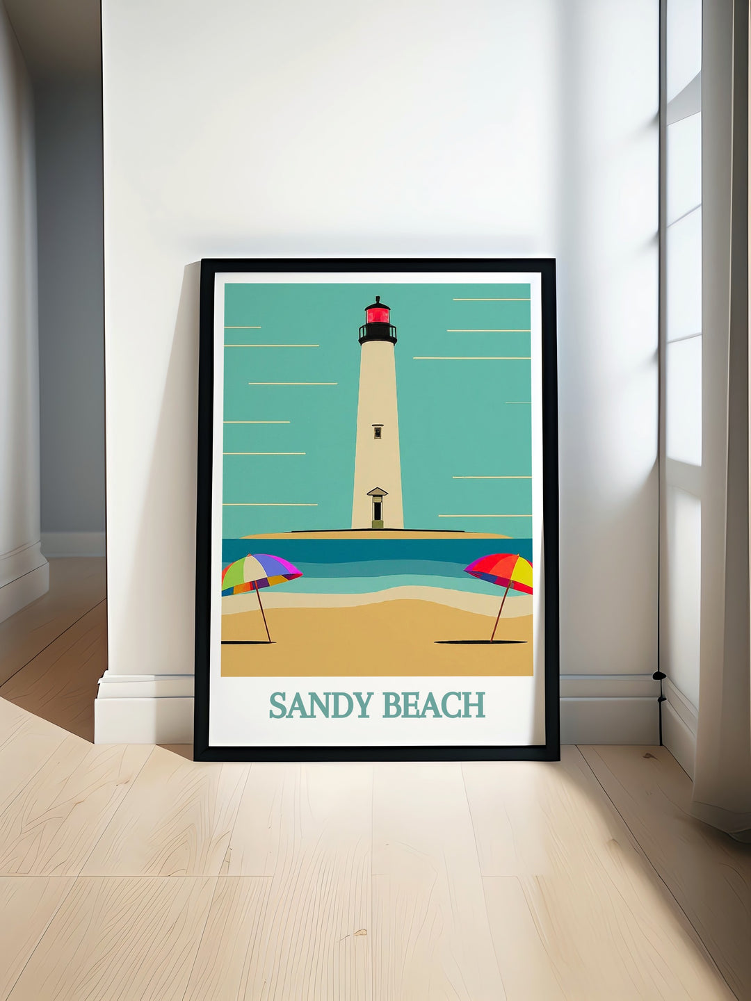 Sandy Beach Lighthouse Modern Print showcasing vibrant coastal colors perfect for enhancing home decor with a lively seaside feel and stunning details in the lighthouse artwork providing a bright and inviting atmosphere for your living space