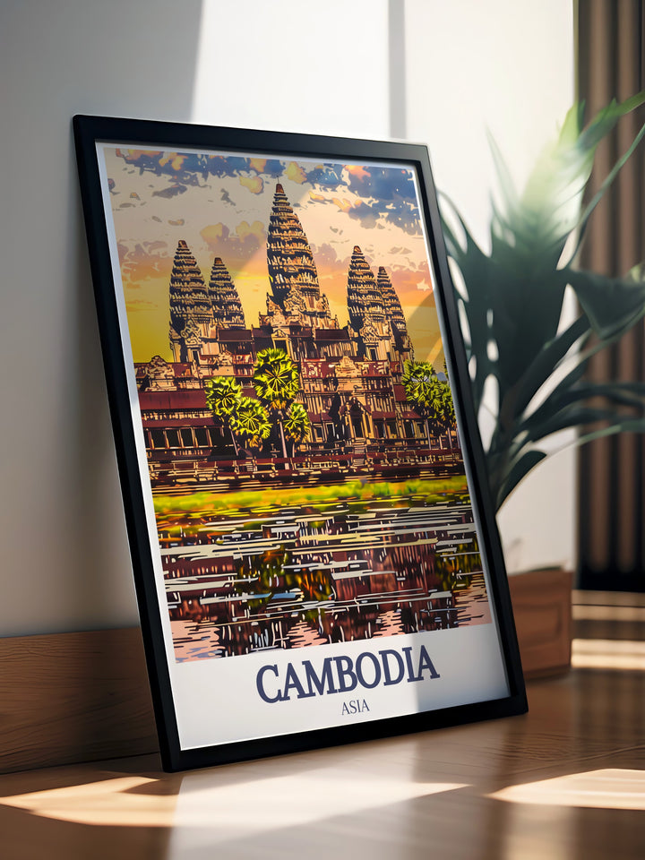 Discover the beauty of Angkor Wat Khmer architecture with this captivating wall art. Ideal for those who appreciate historical landmarks and the rich cultural heritage of Cambodia. This detailed illustration highlights the grandeur of the ancient temple.