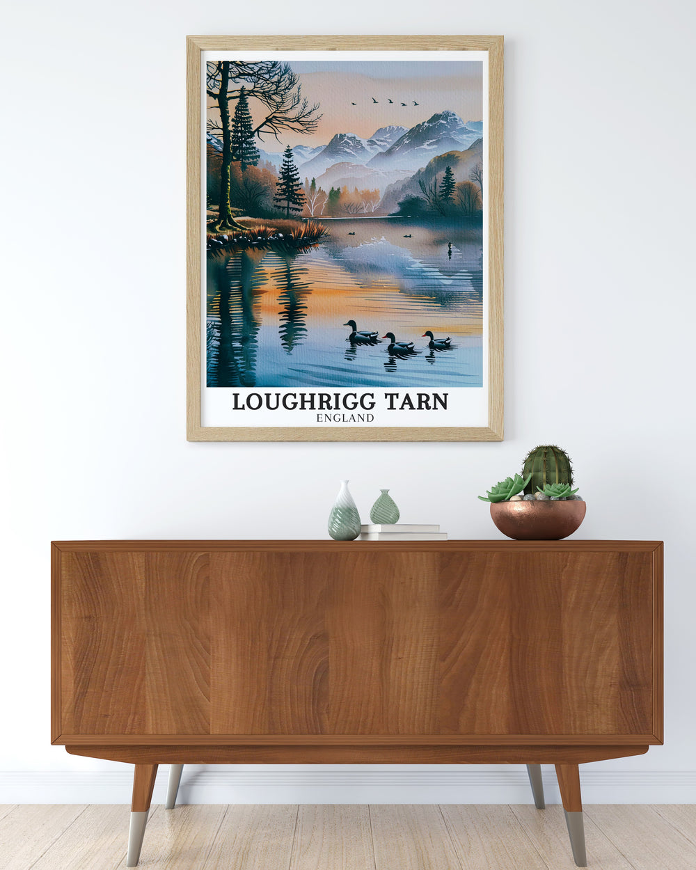 Loughrigg Tarn and Langdale Pikes art deco travel posters showcasing vibrant landscapes and serene waters of Lake District National Park. These framed travel posters are ideal for adding a touch of European elegance to your wall decor. Experience the charm of Lake District National Park through our beautifully crafted art deco travel posters.