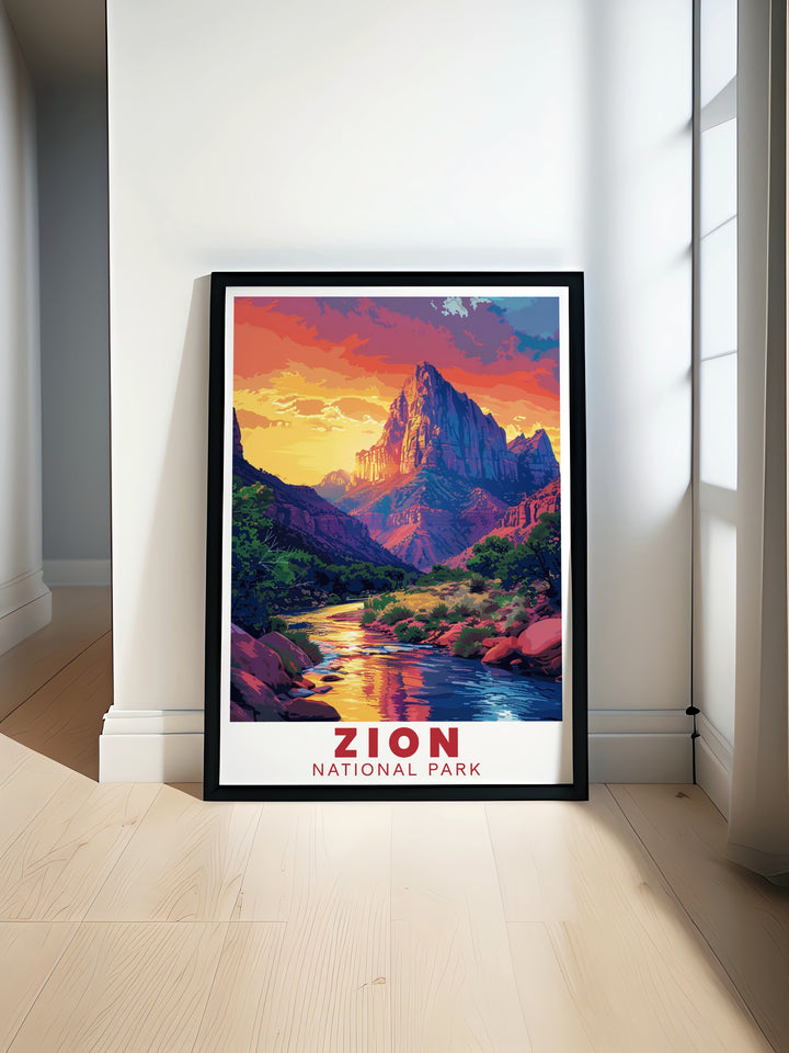 This Zion poster print showcases The Watchman, capturing its majestic beauty against the stunning backdrop of Zion National Park. Perfect for nature lovers, this artwork brings the spirit of adventure into your home.