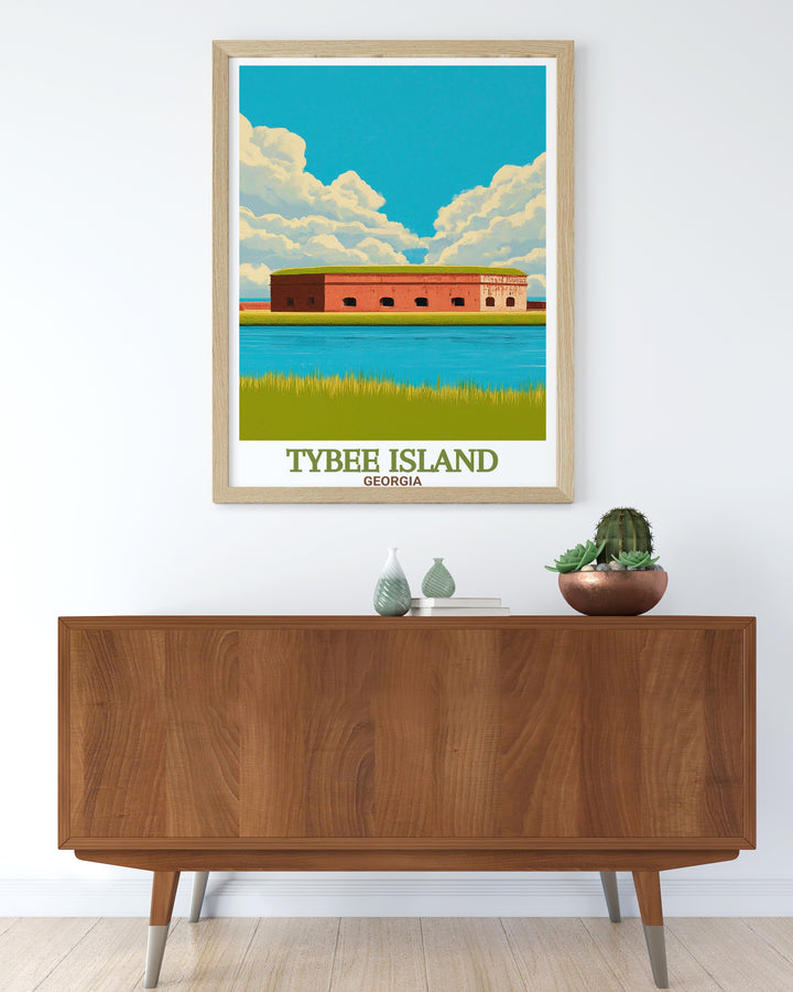 Beautiful Tybee Island Travel Poster including Fort Pulaski National Monument perfect for adding a sophisticated touch to your home with intricate details and a timeless design.